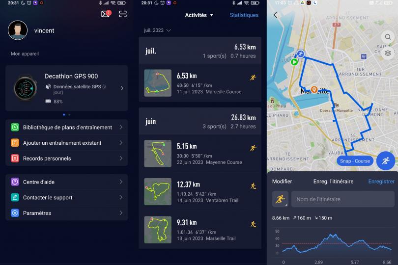 Ecrans de l'application / Decathlon GPS 900 by Coros